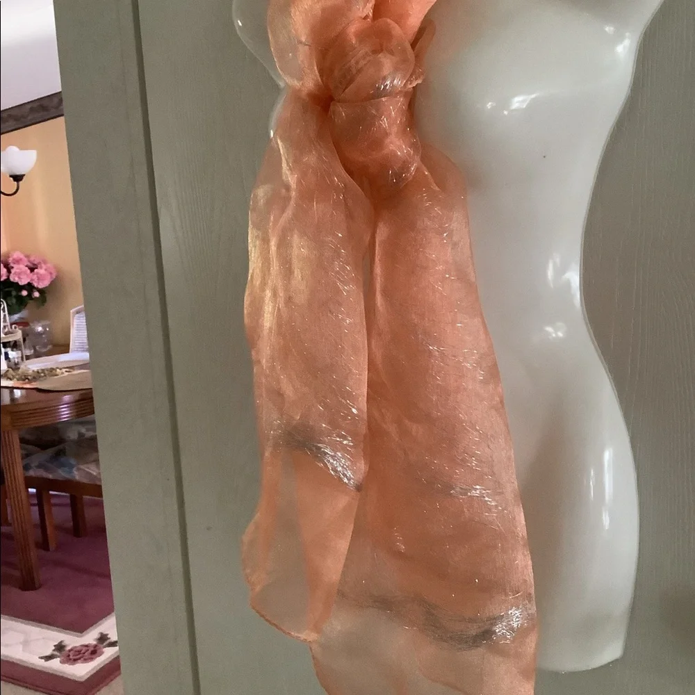 Scarf silk look silver sparkles versatile peach can be worn many ways. 72”x20”